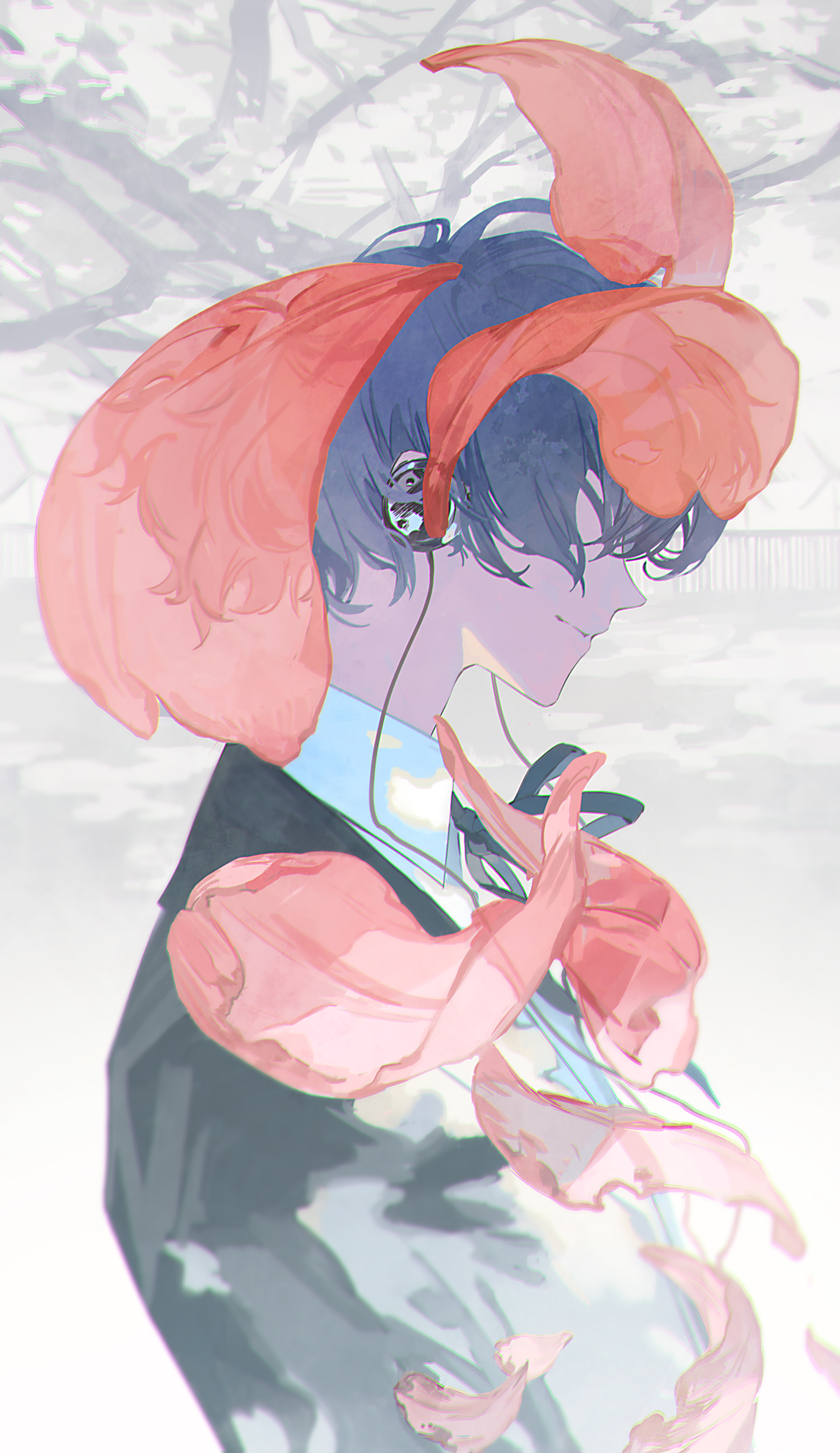 1boy absurdres black_jacket blue_eyes blue_hair collared_shirt commentary digital_media_player digital_walkman from_side gekkoukan_high_school_uniform headphones highres jacket long_sleeves male_focus neck_ribbon pale_color persona persona_3 persona_3_reload petals profile ribbon school_uniform shirt short_hair smile solo upper_body walkman_nw-s203f white_shirt yasaiiii_444 yuuki_makoto_(persona_3)