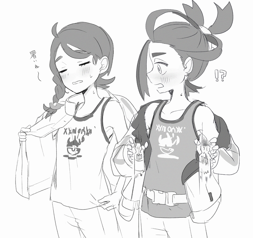 !? 1boy 1girl ahoge blush braid clenched_teeth closed_eyes commentary_request greyscale hot jacket juliana_(pokemon) kieran_(pokemon) looking_to_the_side loose_hair_strand monochrome mxkjxm_(nhss2337) nintendo open_clothes open_jacket open_mouth pokemon pokemon_sv shirt shorts simple_background sleeveless sleeveless_shirt sweat teeth