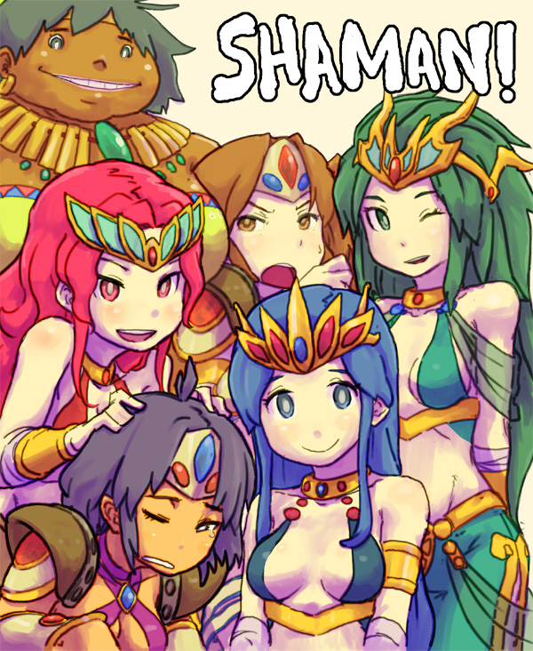 6+girls ;d beige_background breasts breath_of_fire breath_of_fire_ii cleavage curvy dark-skinned_female dark_skin gem grin looking_at_viewer multiple_girls one_eye_closed open_mouth parted_lips sana seny seso shin_(breath_of_fire) simple_background smile solo_(breath_of_fire) spoo_(breath_of_fire) tiara yuuna_(alexi)