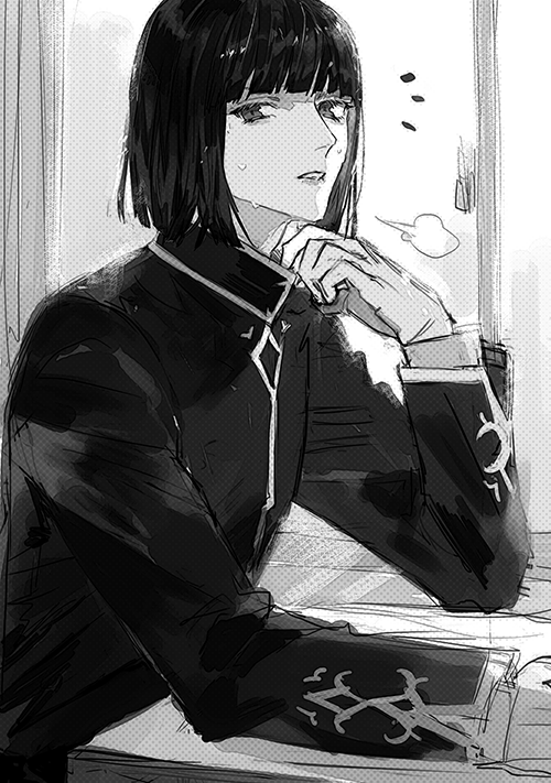 1boy adjusting_collar blunt_bangs desk gakuen_basara halftone looking_at_viewer male_focus notice_lines parted_lips puff_of_air school_desk sengoku_basara shibata_katsuie_(sengoku_basara) short_hair sitting sketch solo suishagoya sweat upper_body window