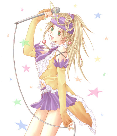 1girl alternate_costume arm_ribbon arm_up back_ribbon bad_id beads belt blonde_hair clothing_cutout commentary_request detached_sleeves final_fantasy final_fantasy_x final_fantasy_x-2 green_eyes hair_beads hair_ornament headband high_ponytail holding holding_microphone long_hair looking_at_viewer lowres microphone miniskirt navel navel_cutout open_mouth ponytail purple_headband purple_skirt rendezvous ribbon rikku_(ff10) skirt smile solo star_(symbol) tailcoat upper_body white_background white_belt