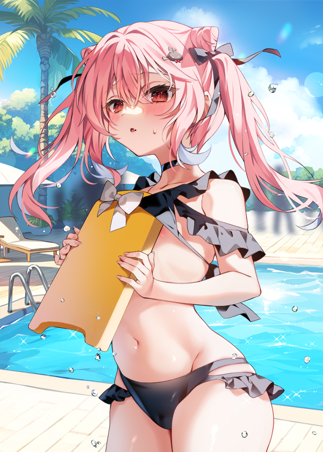 1girl bikini bikini_pull black_bikini black_choker blurry blurry_background blush bodyboard bow breasts chihiro_(khorosho) choker clothes_lift clothes_pull fingernails hair_bow hair_ornament hairclip holding lifting_own_clothes long_hair looking_at_viewer navel original outdoors palm_tree pink_hair poolside red_eyes small_breasts solo swimsuit tree twintails