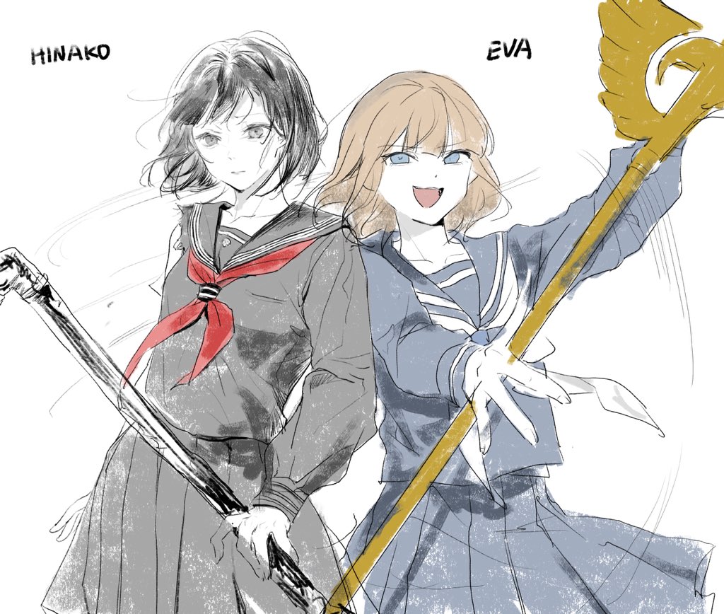 2girls black_eyes black_hair black_shirt blue_eyes blue_skirt brown_hair character_name colored_skin creator_connection eva_beatrice hashtag-only_commentary hiko_(nekobako_on) holding holding_lead_pipe holding_staff lead_pipe motion_lines multiple_girls neckerchief open_mouth pleated_skirt red_neckerchief sailor_collar sailor_shirt shimizu_hinako shirt silent_hill_(series) silent_hill_f skirt smile staff standing umineko_no_naku_koro_ni white_skin