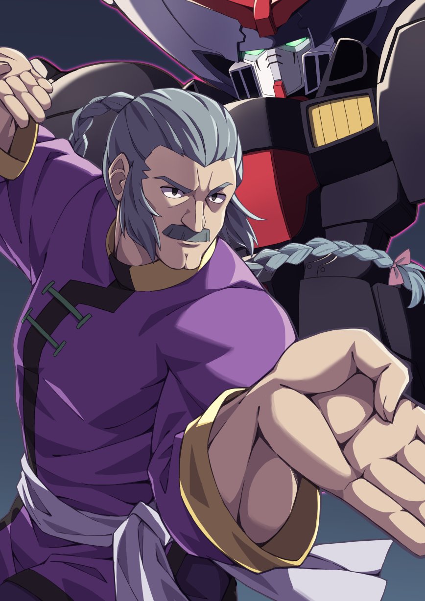 1boy braid braided_ponytail closed_mouth facial_hair fighting_stance g_gundam grey_eyes grey_hair gundam highres hiyaya_(kochi_michikaze) long_hair long_sleeves male_focus master_asia master_gundam mecha mustache robot sash single_braid upper_body white_sash