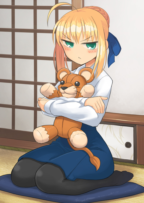 1girl :&lt; ahoge artoria_pendragon_(fate) black_pantyhose blonde_hair blue_ribbon blue_skirt blush braid braided_bun commentary_request cushion fate/stay_night fate_(series) full_body glaring green_eyes hair_bun hair_ribbon half-closed_eyes hugging_doll hugging_object indoors long_sleeves looking_at_viewer no_shoes pantyhose ribbon saber_(fate) samaru_(seiga) seiza shirt short_hair shouji sidelocks single_hair_bun sitting skirt sliding_doors solo stuffed_animal stuffed_lion stuffed_toy v-shaped_eyebrows white_shirt zabuton