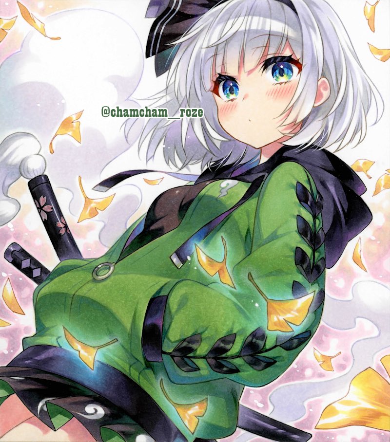 1girl alternate_costume black_bow black_hairband black_hood black_shirt black_skirt blue_eyes blush bow breasts chacham cloud_print commentary_request falling_leaves feet_out_of_frame floating_hair green_jacket hairband hands_in_pockets hood hooded_jacket jacket konpaku_youmu konpaku_youmu_(ghost) leaf leaf_print medium_breasts partially_unzipped scabbard sheath shirt skirt sword_hilt touhou twitter_username white_hair zipper