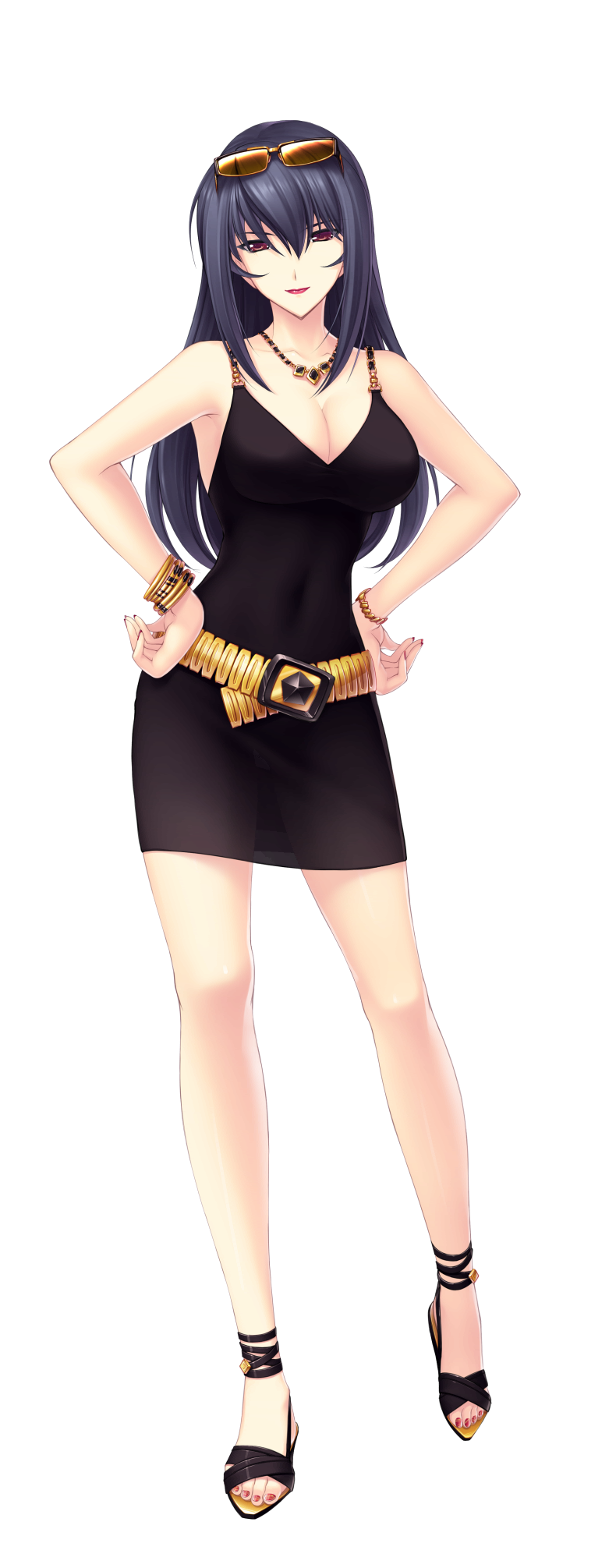 1girl belt bra breasts chalkboard cleavage covered_erect_nipples crop_top female_focus game_cg hair_between_eyes hand_on_own_hip hands_on_own_hips highres hip_focus kouzuki_mitsuko kouzuki_yuuko large_breasts lingerie long_hair midriff muv-luv muv-luv_alternative nail_polish pointer purple_eyes purple_hair smile solo teacher toenail_polish toenails transparent_background underwear very_long_hair