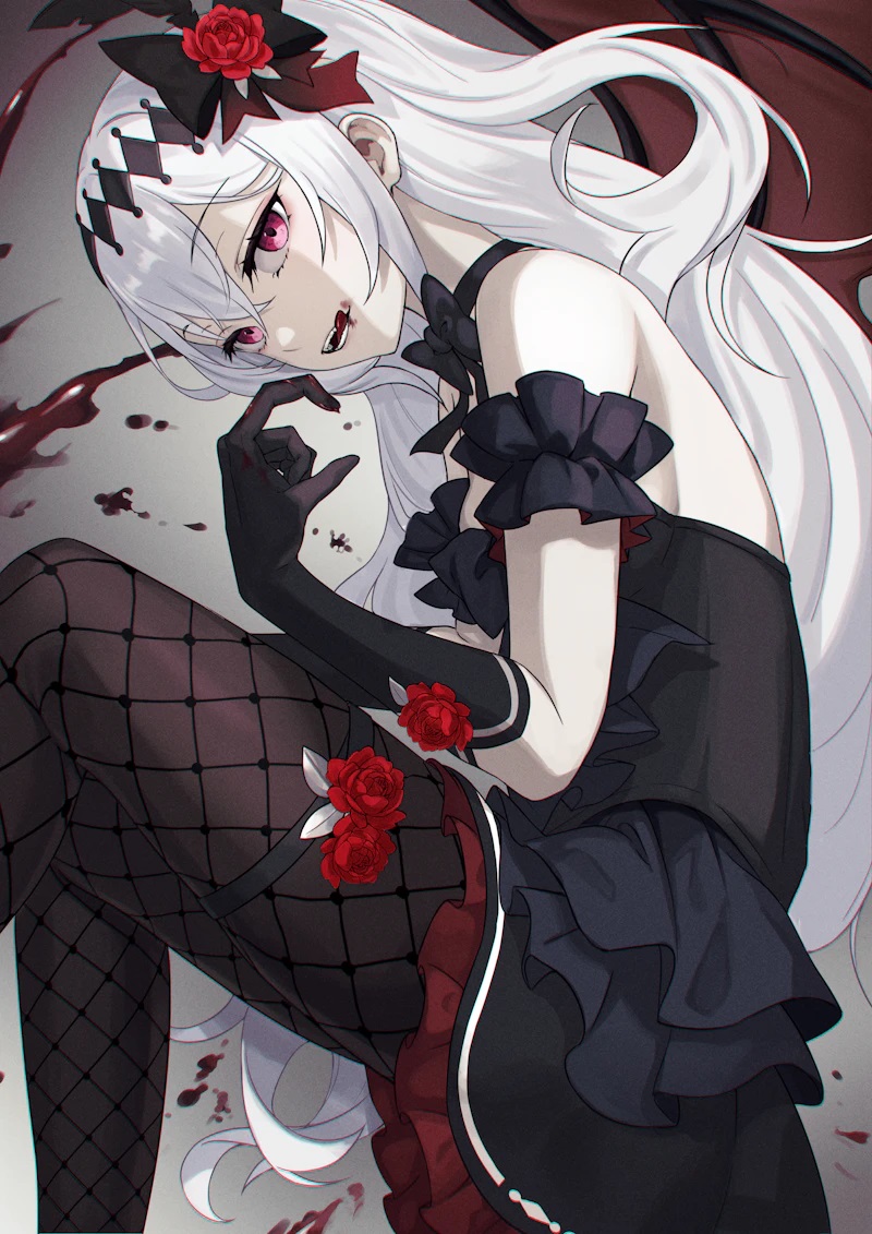 1girl bare_shoulders bat_wings black_bow black_bowtie black_dress black_gloves black_pantyhose blood blood_on_face bow bowtie breasts commission deca_purio demon_girl dress elbow_gloves fishnet_pantyhose fishnets flower flower_thigh_strap frilled_dress frills gloves hair_flower hair_ornament long_hair looking_at_viewer lying mare_(ac8231) naked_bowtie on_side one_side_up open_mouth original pantyhose red_eyes red_flower red_rose rose skeb_commission solo teeth tongue tongue_out vampire white_hair wings