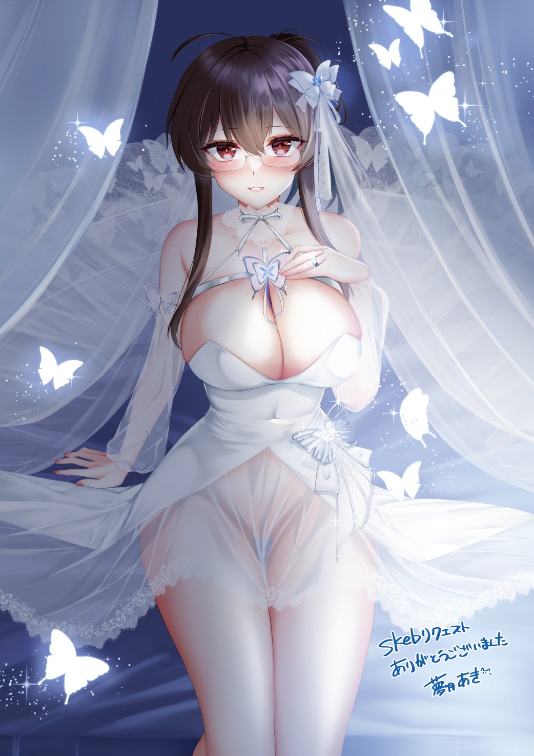 1girl azur_lane bare_shoulders black_hair blush breasts bug butterfly cleavage commission covered_navel dress glasses hand_up highres insect jewelry large_breasts london_(azur_lane) london_(platinum_ceremony)_(azur_lane) official_alternate_costume parted_lips red_eyes red_nails ring sitting skeb_commission smile solo wedding_dress wedding_ring white_dress yumeneko_nyaa