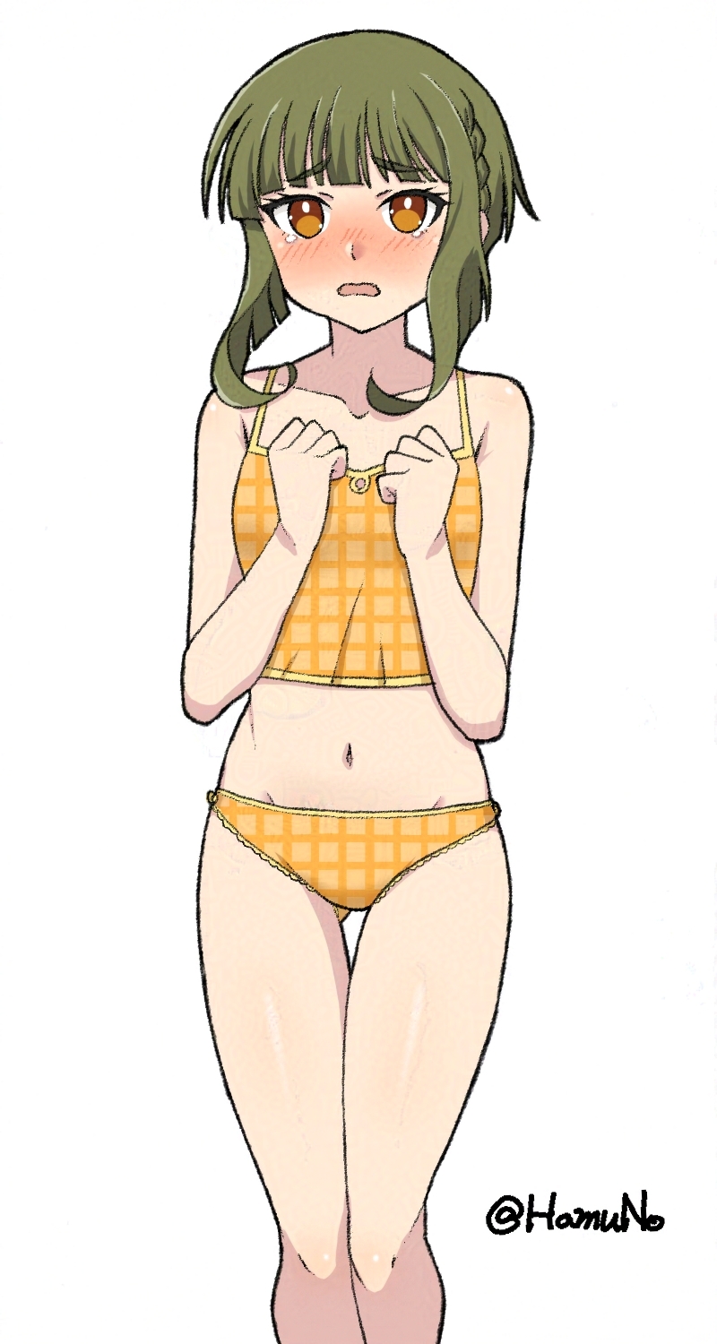 1girl blush bob_cut brown_eyes camisole gingham_panties gluteal_fold green_hair hamuno highres kantai_collection navel nose_blush panties short_hair short_hair_with_long_locks sidelocks simple_background solo takanami_(kancolle) thigh_gap twitter_username underwear underwear_only white_background yellow_camisole yellow_panties