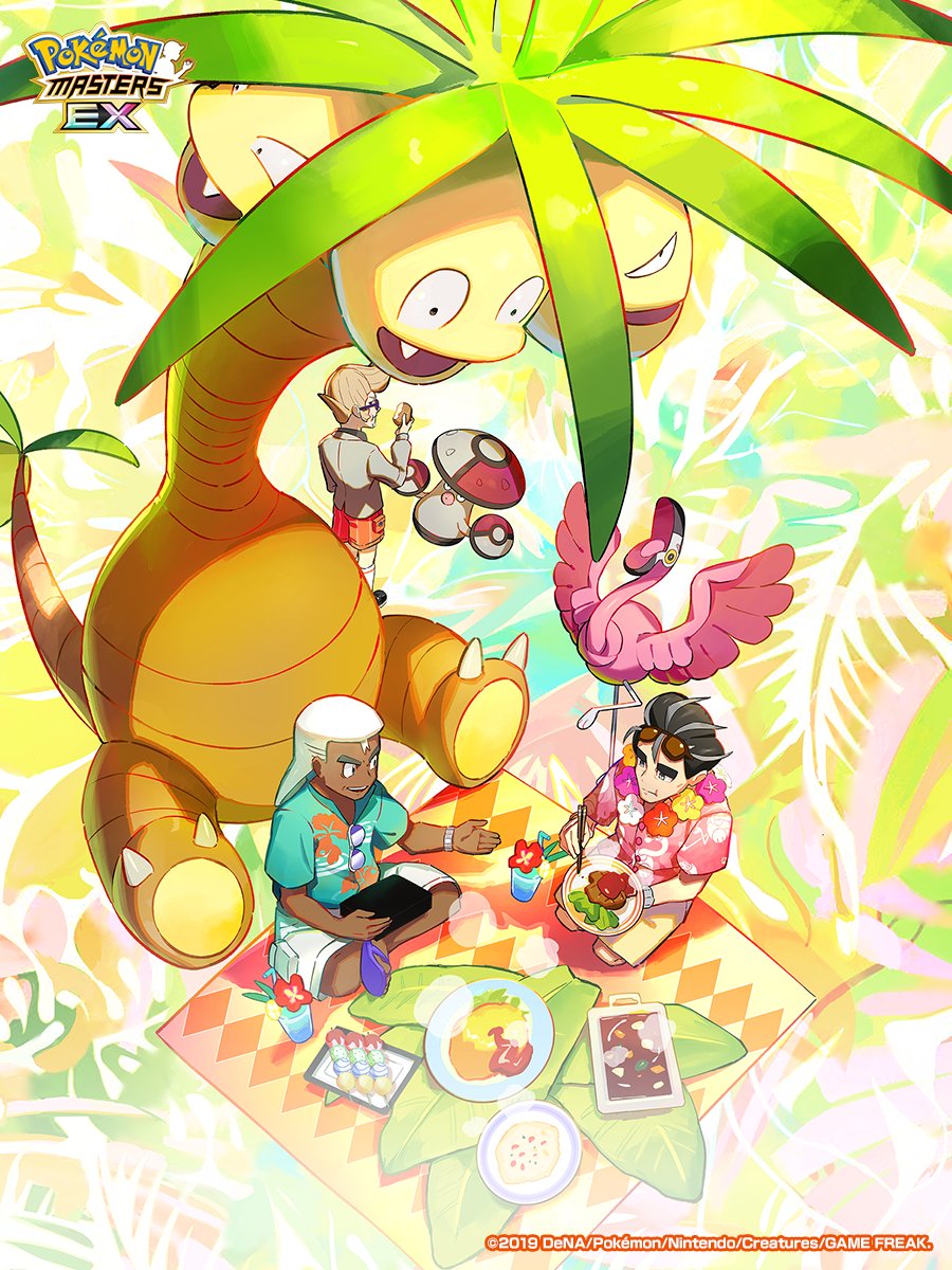 3boys alolan_exeggutor alolan_form amoonguss black_hair chopsticks clavell_(pokemon) clive_(pokemon) closed_mouth dark_skin eating facial_hair flamigo food food_in_mouth gen_5_pokemon gen_7_pokemon glasses grey_hair highres holding holding_chopsticks holding_food larry_(pokemon) larry_(special_costume)_(pokemon) long_hair male_focus multicolored_hair multiple_boys nintendo official_art open_mouth outdoors palm_tree pokemon pokemon_(creature) pokemon_masters_ex pokemon_sm pokemon_sv rice samson_oak school_uniform shirt short_hair shorts smile streaked_hair thick_eyebrows tree two-tone_hair