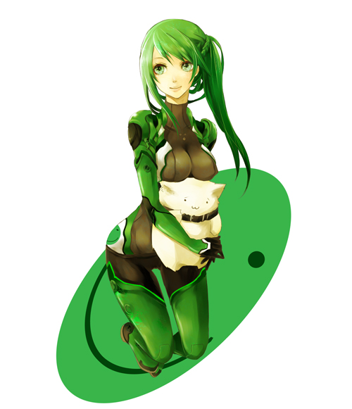1girl animal apt armored_core armored_core:_for_answer bad_id bad_pixiv_id bodysuit braid collar cosplay female_focus green_eyes green_hair long_hair matching_hair/eyes may_greenfield mecha_pilot_suit pilot_suit plugsuit_(cosplay) plugsuit_(evangelion) side_ponytail smile smiley_face solo strayed ut_(apt)