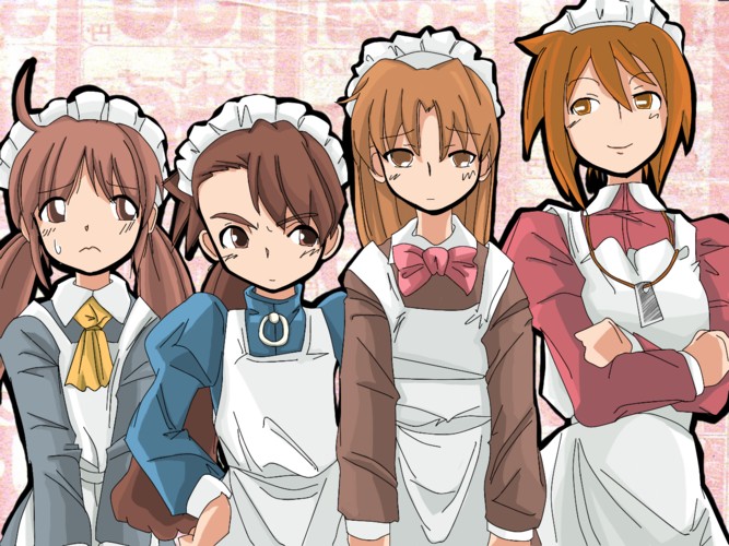 4girls ahoge brown_eyes brown_hair futaba_channel hidoi kudoi maid maid_headdress medoi modoi multiple_girls nijiura_maids orange_eyes orange_hair ponytail ribbon