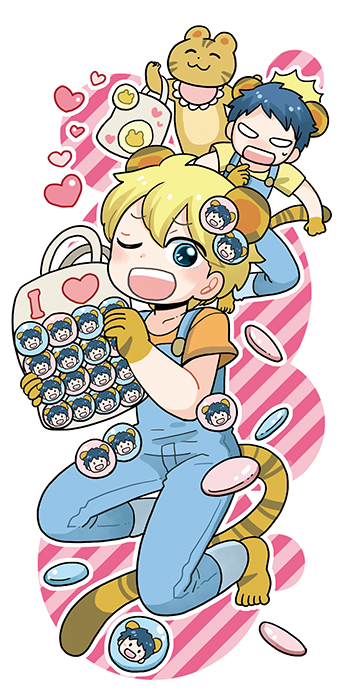 2boys animal_ears badge bag blue_eyes button_badge comic_toranoana heart itabag male_focus mascot mashuu_masaki merchandise multiple_boys no_pupils official_art overalls short_hair shoulder_bag smile tail tiger tiger_ears tiger_tail tora_no_mori_no_nakama-tachi torakichi_(toranoana) toranoana torasaburou_masamune torata_(toranoana)