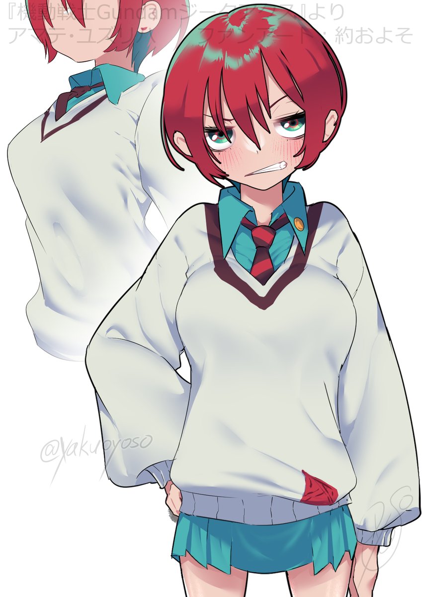 1girl amate_yuzuriha blush breasts collared_shirt commentary_request grin gundam gundam_gquuuuuux highres looking_at_viewer medium_breasts multiple_views necktie red_hair shirt simple_background skirt smile sweater teeth watermark yakuoyoso
