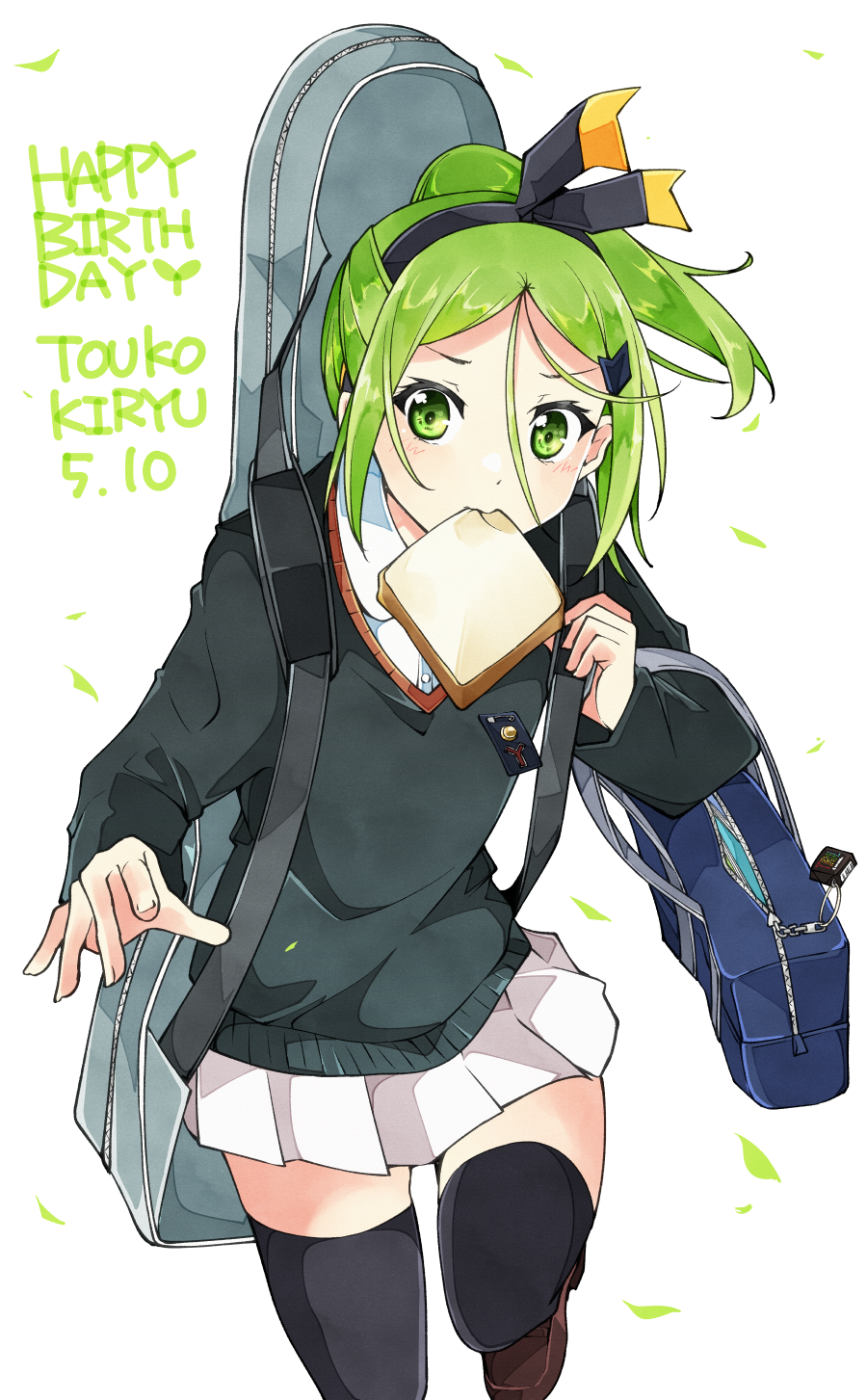 1girl 22/7 backpack bag black_jacket black_thighhighs blue_bag bow bow_hairband bread bread_slice brown_shoes character_name collared_shirt dated elbow_carry falling_leaves food food_in_mouth foot_out_of_frame green_eyes green_hair hair_bow hair_ornament hairband hairclip half_updo happy_birthday high_ponytail highres holding holding_bag jacket kiryu_touko late_for_school leaf leg_up loafers long_sleeves miniskirt mouth_hold parted_bangs pleated_skirt ponytail running school_bag shirt shoes simple_background skirt solo thighhighs toast toast_in_mouth trefle_r two-tone_bow two-tone_hairband white_background white_shirt white_skirt