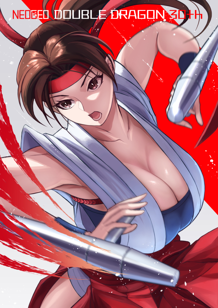 1girl anniversary breasts brown_eyes brown_hair cleavage collarbone commentary_request double_dragon ema_(emaura) english_text female_focus headband hip_vent holding holding_weapon large_breasts lower_teeth_only matching_hair/eyes open_mouth ponytail rebecca_brielle revealing_clothes simple_background snk solo teeth tonfa weapon wristband