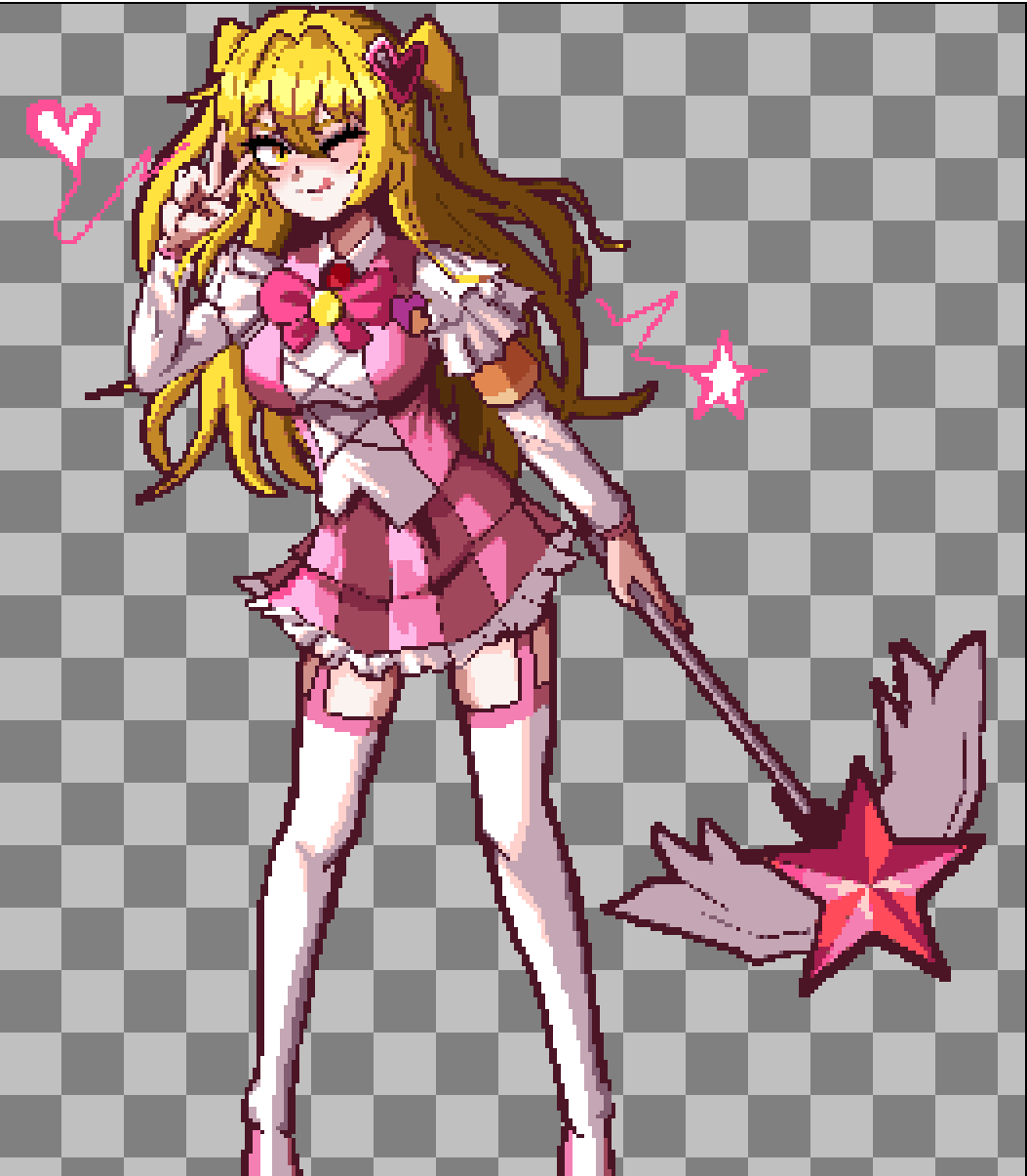 1girl ;) arm_up baeloe blonde_hair breasts checkered_background chest_bow collared_shirt corset don_quixote_(project_moon) dress frilled_dress frilled_sleeves frills full_body hair_between_eyes heart highres holding holding_wand limbus_company long_hair one_eye_closed outstretched_arm pink_dress pink_thighhighs pixel_art project_moon queen_of_hatred shirt short_dress sidelocks smile solo star_(symbol) thighhighs tongue tongue_out twintails v wand winged_wand wings