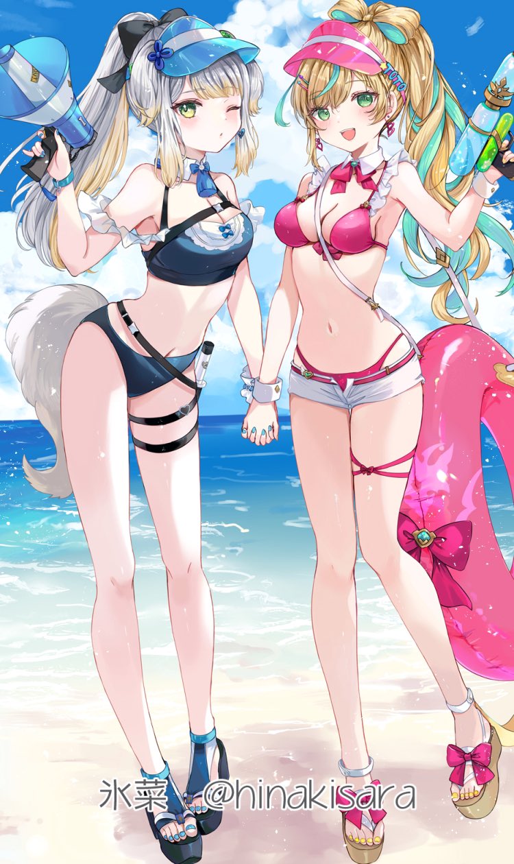 2girls aqua_hair bare_shoulders bikini black_bikini black_footwear blonde_hair blue_nails breasts brown_footwear cleavage cloud cloudy_sky full_body green_eyes grey_hair highres hinakisara holding holding_hands holding_water_gun long_hair looking_at_viewer multicolored_hair multiple_girls navel nijisanji one_eye_closed open_mouth outdoors parted_lips pink_bikini ponytail shioriha_ruri sky smile standing stomach streaked_hair swimsuit tachitsute_toto tail teeth toenails twintails upper_teeth_only virtual_youtuber water_gun yellow_nails