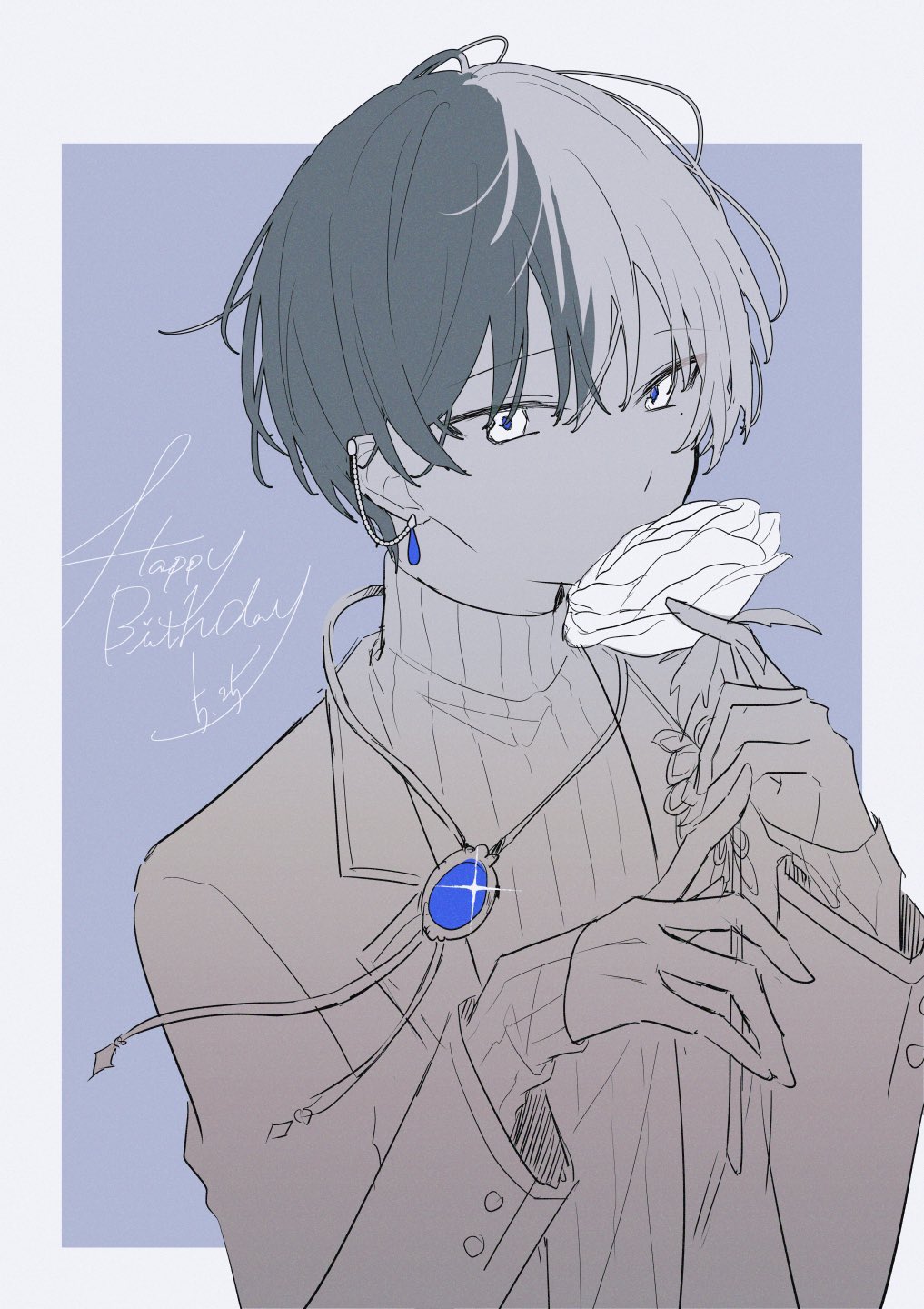 1boy aoyagi_touya blue_brooch border commentary_request covered_mouth dated flower grey_border hands_up happy_birthday highres holding holding_flower jishio lanyard lapels long_sleeves male_focus mole mole_under_eye multicolored_hair notched_lapels official_alternate_costume outside_border project_sekai ribbed_sweater short_hair sleeves_past_wrists solo split-color_hair sweater turtleneck turtleneck_sweater two-tone_hair upper_body