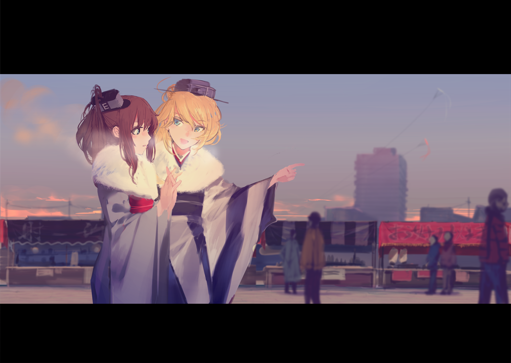 2girls bad_id bad_pixiv_id blonde_hair blue_eyes breath brown_hair building commentary_request festival fujibejifu fur_trim green_eyes headgear high_side_ponytail iowa_(kancolle) iowa_(new_year)_(kancolle) japanese_clothes kantai_collection kimono kite letterboxed long_hair long_sleeves market_stall multiple_girls obi open_mouth outdoors pointing saratoga_(kancolle) sash side_ponytail skyscraper wide_sleeves winter_clothes