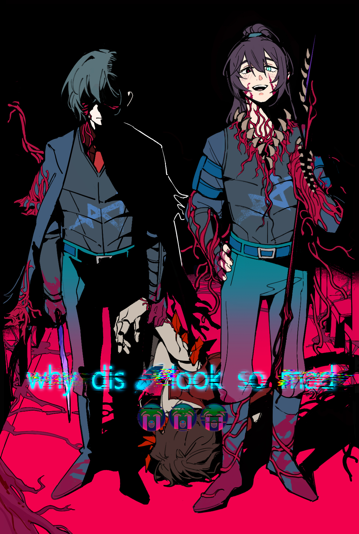 3boys baihuahua5441 belt black_background black_eyes black_hair blood blood_on_face blue_eyes boots brown_hair crying_emoji dimension_shredder_(e.g.o) e.g.o_(project_moon) emoji extra_teeth flesh glaive_(polearm) hair_tie hand_on_own_hip heathcliff_(project_moon) heterochromia high_ponytail highres holding holding_another's_wrist holding_knife holding_weapon hong_lu_(project_moon) jacket jacket_on_shoulders knife limbus_company long_hair looking_at_viewer lying mechanical_arms meme multicrack_office_(identity)_(project_moon) multiple_boys necktie on_side pants polearm ponytail project_moon purple_hair red_necktie short_hair smile standing teeth upper_teeth_only vest weapon why_dis_ninja_look_so_mad_(meme) yi_sang_(project_moon)