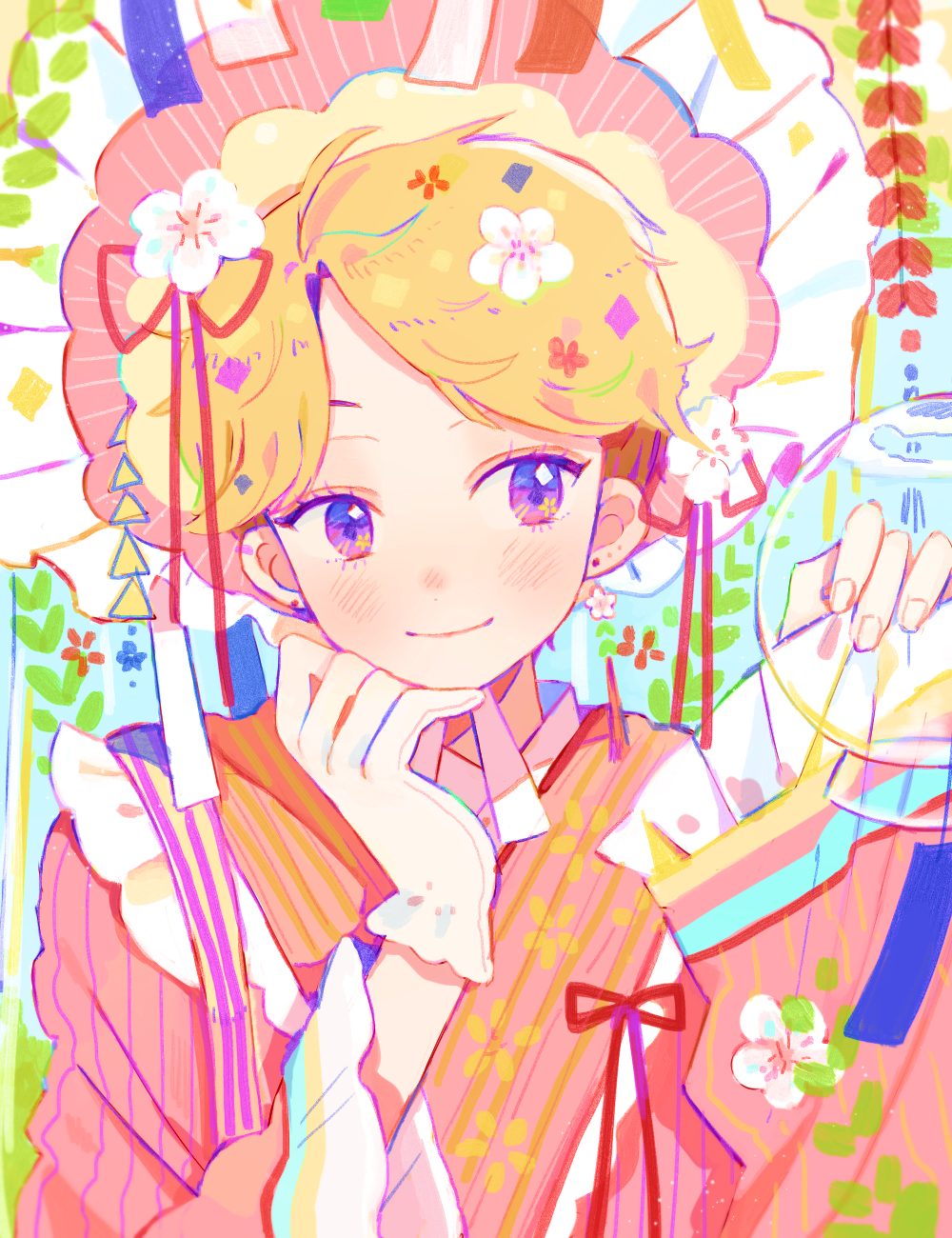 1boy 43_pon bad_id bad_pixiv_id blonde_hair bonnet cherry_blossoms closed_mouth ensemble_stars! flower gloves hair_flower hair_ornament hair_ribbon highres japanese_clothes kimono leaf long_sleeves looking_to_the_side male_focus narukami_arashi pink_kimono purple_eyes red_ribbon ribbon short_hair smile solo upper_body white_flower white_gloves wind_chime