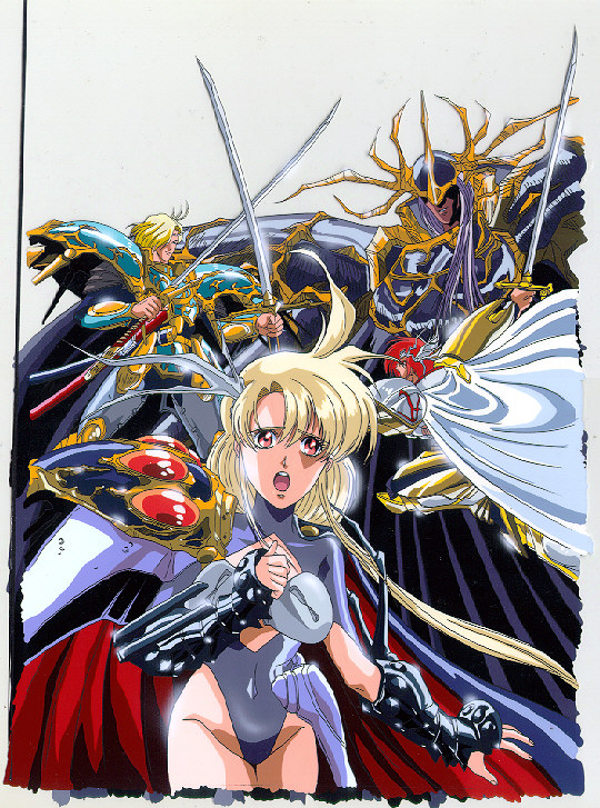 1990s_(style) armor cel der_langrisser game langrisser langrisser_ii leon_(langrisser) official_art retro_artstyle riana_(langrisser) sword urushihara_satoshi weapon