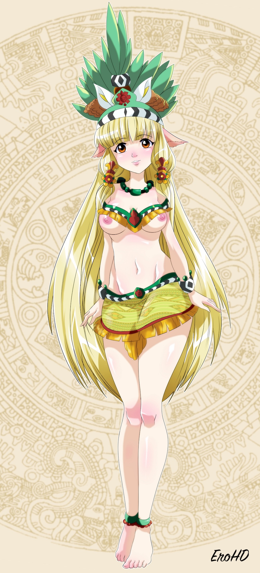 1girl animal_ears aztec blonde_hair breasts chii chobits female_focus highres long_hair mayan mayan_mythology nude solo tribal