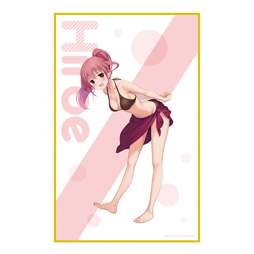 1girl :3 atago_hiroe barefoot bikini blush breasts brown_bikini character_name cleavage kobayashi_ritz long_hair looking_at_viewer merchandise_available navel official_art open_mouth ponytail red_eyes red_hair red_sarong saki_(manga) sarong small_breasts solo swimsuit