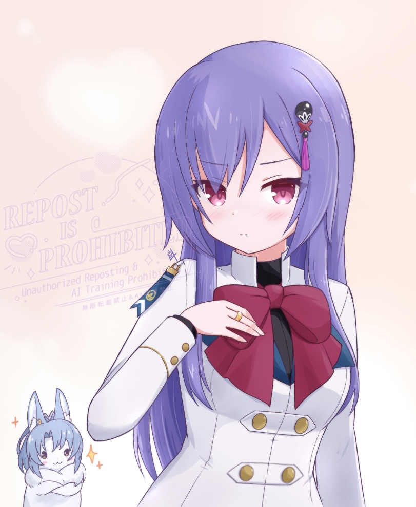 1girl :3 animal animal_ear_piercing animalization arm_at_side artist_name assault_lily black_shirt blue_hair blush bow bowtie breasts buttons closed_mouth commentary_request crossed_arms gradient_background hair_between_eyes hair_down hair_ornament hand_on_own_chest hand_up heart herensuge_girls_academy_school_uniform inoguchi_minto jacket jewelry long_hair long_sleeves looking_at_another makino_mitake matsumura_fuuka medium_breasts pink_background pink_eyes purple_hair rabbit red_bow red_bowtie ring school_uniform shirt short_hair smile sparkle tassel tassel_hair_ornament upper_body watermark white_background white_jacket