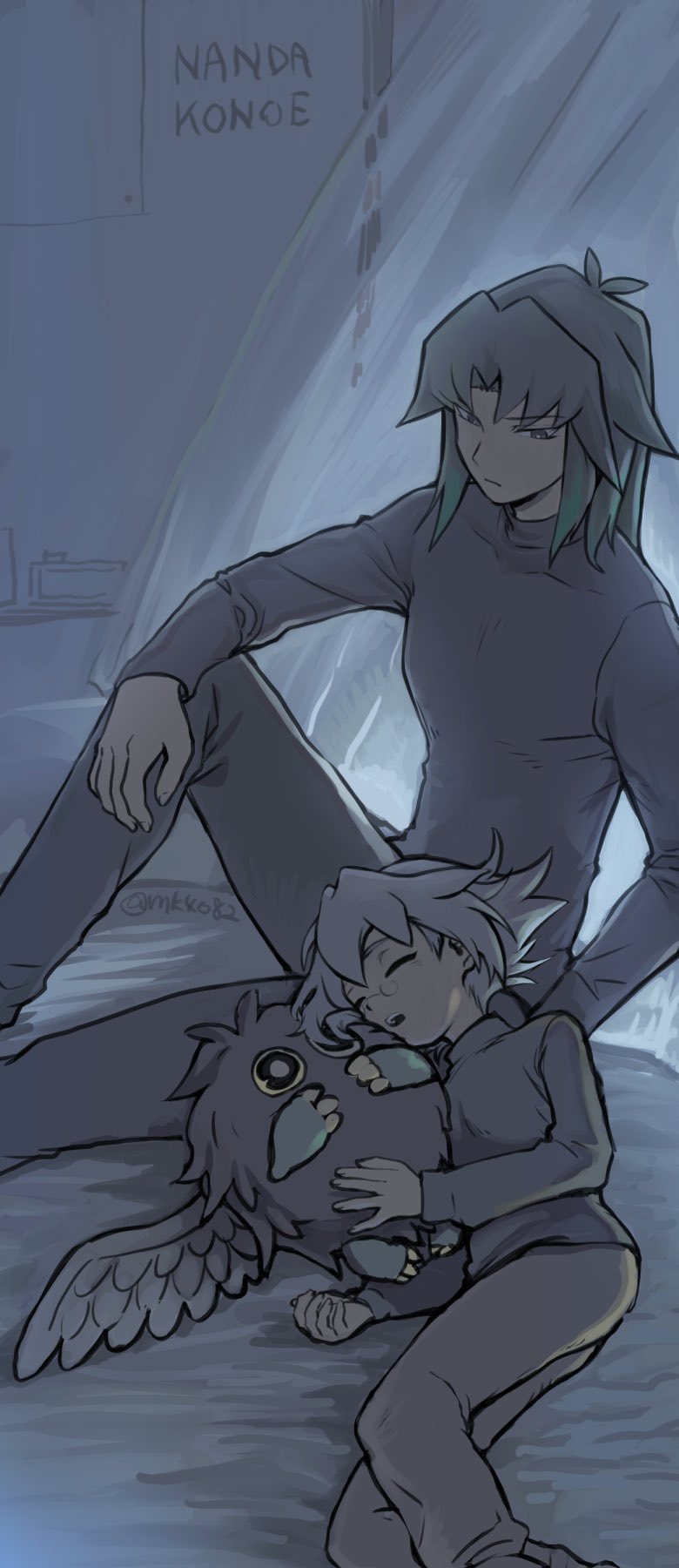 2boys brothers closed_eyes closed_mouth curtains duel_monster glasses highres knee_up lying male_focus marufuji_ryo marufuji_sho moiko multiple_boys on_side open_mouth shirt short_hair siblings sleeping winged_kuriboh yu-gi-oh! yu-gi-oh!_gx