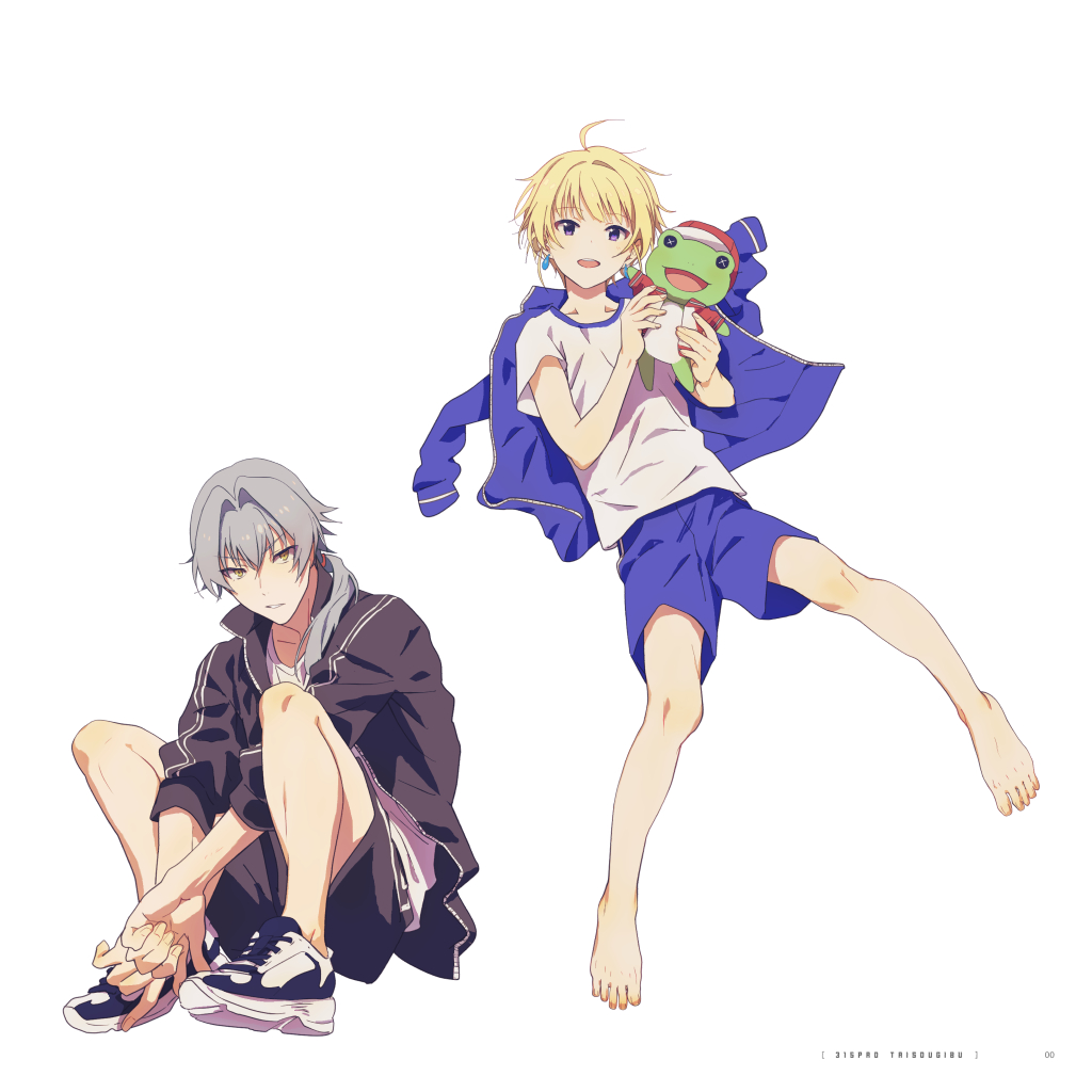 2boys ahoge barefoot black_jacket blue_jacket blue_shorts earrings fingernails full_body grey_hair hair_between_eyes holding holding_stuffed_toy idolmaster idolmaster_side-m jacket jewelry kaerre kizaki_ren legs male_focus map_(map_imas) multiple_boys pierre_bichelberger purple_eyes shirt shoes shorts sleeves_rolled_up sneakers stuffed_animal stuffed_frog stuffed_toy toenails toes white_background white_shirt yellow_eyes