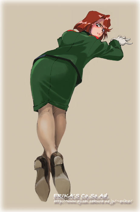 00s 1girl bent_over blush brown_hair female_focus fujieda_kaede gloves military military_uniform pantyhose pencil_skirt sakura_taisen sakura_taisen_ii shibata_masahiro short_hair skirt solo