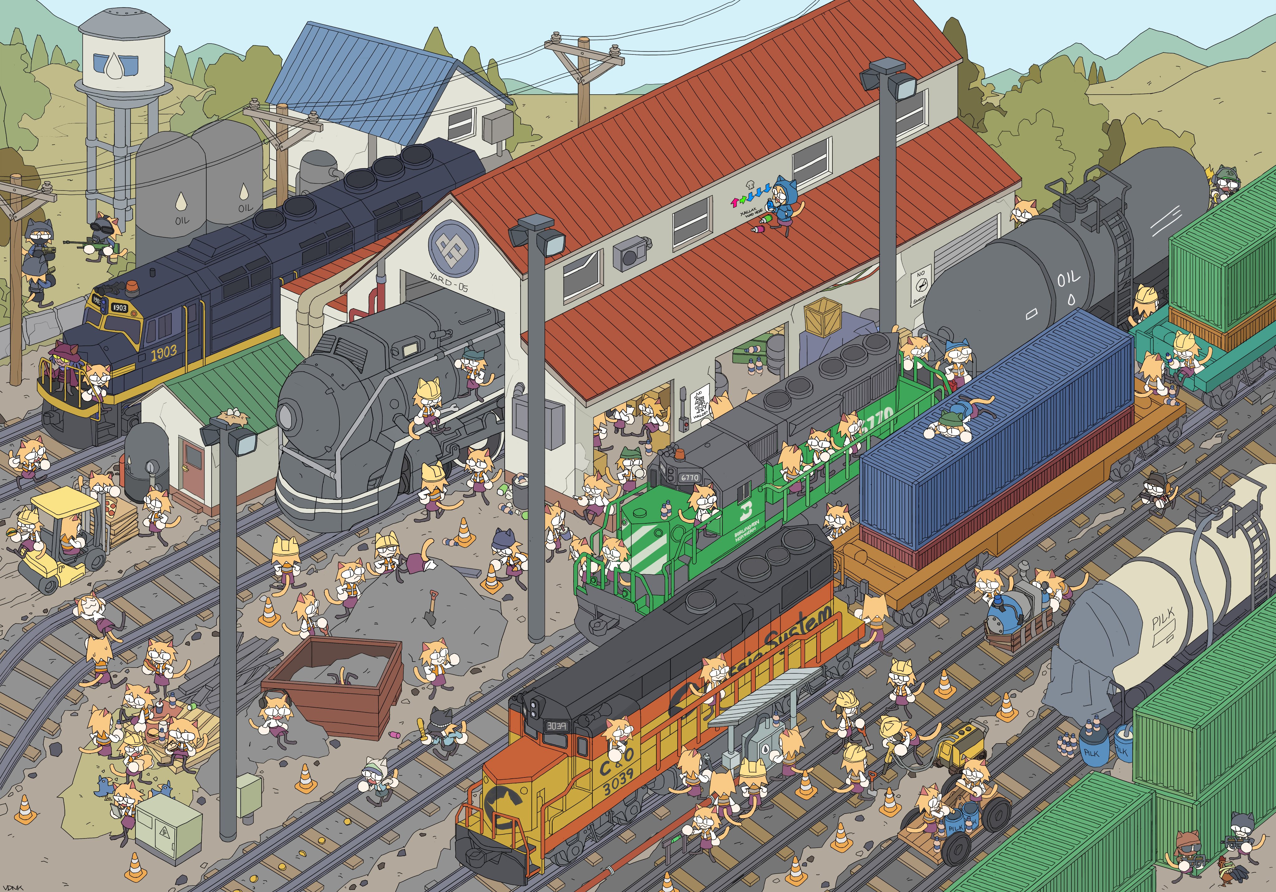 19vodnik 6+girls absurdres animal_ears bird blonde_hair body_armor bomb carnival_phantasm cat_ears cat_tail chicken cosplay counter-strike_(series) diesel_locomotive egg explosive freight_train graffiti gun highres holding holding_gun holding_weapon locomotive long_hair multiple_girls neco-arc nest niko_(oneshot) nuclear_weapon oneshot_(game) power_lines railroad_signal railroad_tracks red_eyes s.w.a.t. scout_(tf2) scout_(tf2)_(cosplay) short_hair skirt smile sunglasses tail team_fortress_2 terrorist train train_station train_station_platform type-moon weapon