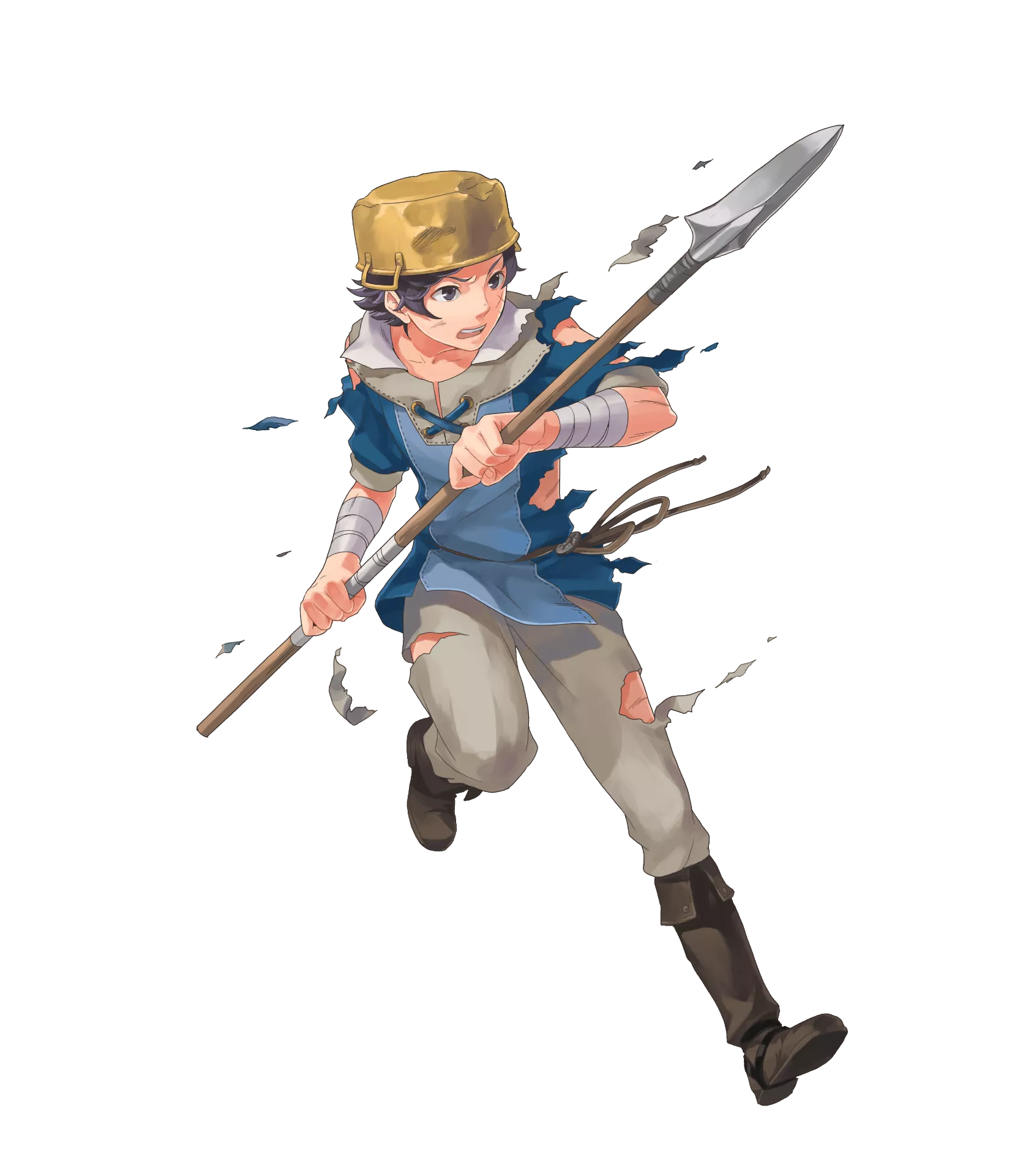 1boy bandaged_wrist bandages black_eyes black_hair blue_shirt boots brown_footwear cross-laced_clothes cross-laced_top cross_scar donnel_(fire_emblem) fire_emblem fire_emblem_awakening fire_emblem_heroes highres leather leather_boots nintendo official_art okaya_mrh pants pot_on_head scar scar_on_face shirt sleeves_rolled_up third-party_source torn_clothes transparent_background