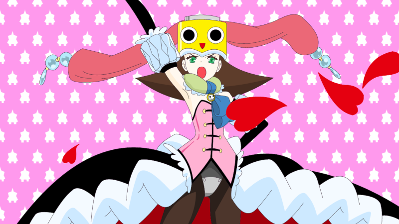 1girl brown_hair capcom codpiece cosplay female_focus gloves green_eyes hair_slicked_back jacket mawaru_penguindrum mega_man_(series) mega_man_legends_(series) open_mouth pantyhose princess_of_the_crystal princess_of_the_crystal_(cosplay) servbot_(mega_man) short_hair solo tron_bonne_(mega_man)