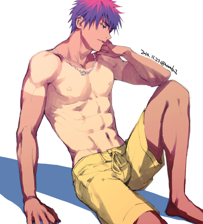 1boy abs arm_support collarbone elbow_on_knee forked_eyebrows groin jewelry kagami_taiga knee_up kuroko_no_basuke looking_ahead male_focus male_swimwear navel necklace parted_lips pectorals red_hair ring ring_necklace shadow simple_background sitting swim_trunks tan tanline topless_male torisu white_background yellow_male_swimwear