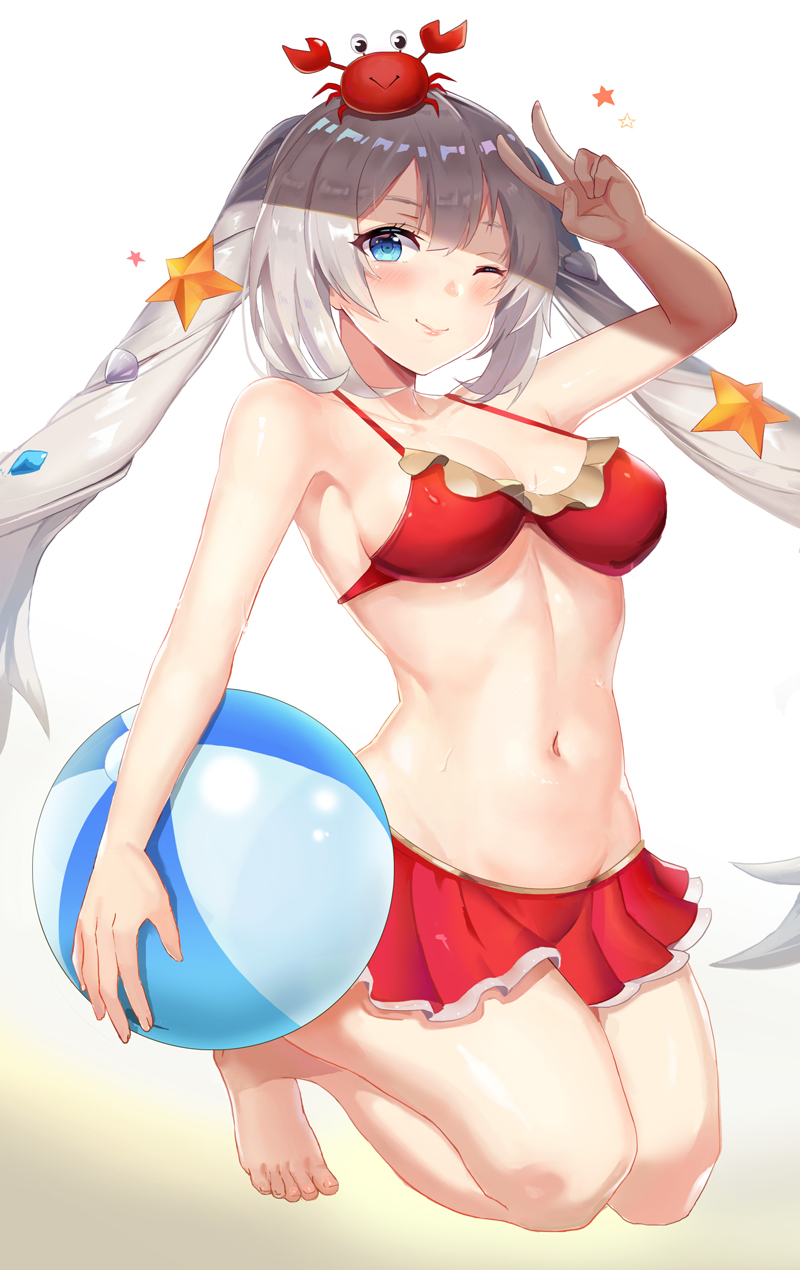 1girl arm_up ball bare_arms bare_legs bare_shoulders barefoot beachball bikini bikini_skirt blue_eyes blush breasts chinese_commentary cleavage closed_mouth collarbone commentary_request crab crab_on_head fate/grand_order fate_(series) female_focus fingernails full_body grey_hair groin hair_between_eyes hair_ornament highres l.bou long_hair looking_at_viewer marie_antoinette_(fate) marie_antoinette_(swimsuit_caster)_(first_ascension)_(fate) medium_breasts miniskirt navel one_eye_closed painting_(medium) red_bikini red_skirt shade shell_hair_ornament shiny_skin sidelocks skirt smile solo star_(symbol) star_hair_ornament starfish swimsuit traditional_media twintails v very_long_hair watercolor_(medium) white_background