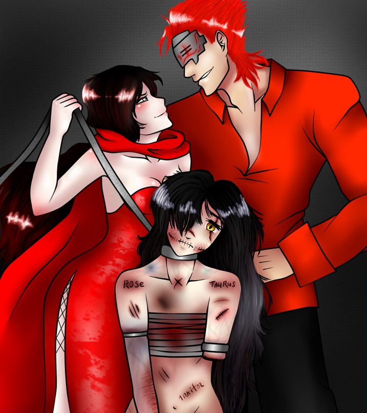 adam_taurus artist_request bad_source branded cinder_fall dress grey_eyes leash made_in_2017 mutilation presumed_creation_date red_dress red_shirt ruby_rose rwby scar sewn_mouth shirt skindentation tagme