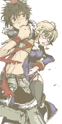 1boy 1girl apple_on_head armband arrow_through_apple black_thighhighs blonde_hair blush brown_eyes brown_hair brown_shirt brown_shorts chi_(susuki517) commentary_request crop_top cross cross_necklace dress fur-trimmed_shirt fur-trimmed_shorts fur_trim garter_straps glasses green_eyes grey_pants jewelry juliet_sleeves long_sleeves looking_at_another lowres necklace open_mouth pants pants_under_shorts pointy_ears priest_(ragnarok_online) puffy_sleeves purple_dress ragnarok_online shirt short_hair shorts simple_background sleeveless sleeveless_shirt sniper_(ragnarok_online) thighhighs upper_body white_background