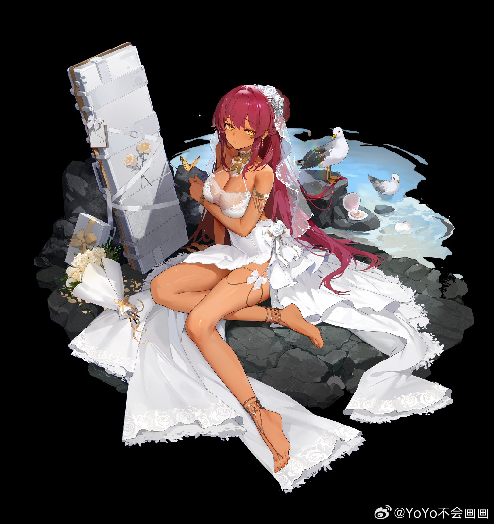 1girl anklet arm_support arm_under_breasts arm_up armlet bare_shoulders barefoot bird black_background blush bouquet bow bowtie box bracelet breasts bug butterfly cleavage clothing_cutout dark-skinned_female dark_skin dress faux_figurine flower full_body gift gift_box girls&#039;_frontline insect jewelry knees_up large_breasts long_hair official_alternate_costume official_art purple_hair ring rock rose saiga-12_(girls&#039;_frontline) seagull shell short_dress shy sitting sleeveless sleeveless_dress spaghetti_strap veil water watermark weapon_case wedding_dress wedding_ring weibo_username weibo_watermark wet white_dress white_flower white_rose white_veil yellow_bow yellow_bowtie yellow_butterfly yellow_eyes yokozuwari yoyo_(550098)