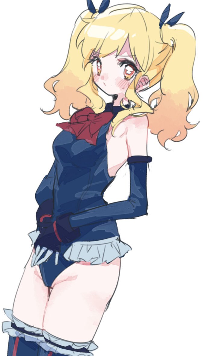 1girl aikatsu!_(series) aikatsu_stars! bare_shoulders blonde_hair blue_bow blue_leotard blue_sleeves blue_thighhighs blush bow breasts dangan_(g7mogmog) dead_or_alive dead_or_alive_5 detached_sleeves frilled_leotard frilled_thighhighs frills gradient_hair hair_bow legs_together leotard long_sleeves looking_at_viewer marie_rose multicolored_hair nijino_yume orange_eyes orange_hair red_bow sketch small_breasts solo standing thighhighs twintails two-tone_hair v-shaped_eyebrows