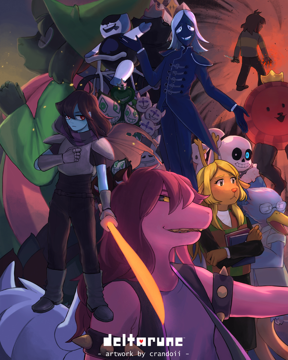 antlers armlet armor artist_name berdly_(deltarune) bicycle black_gloves black_pants black_skin blonde_hair blue_eyes blue_skin book c._round cape clover_(deltarune) colored_skin copyright_name crandoii crown deltarune glasses gloves green_hair hands_up hathy_(deltarune) highres holding holding_knife holding_sword holding_weapon horns jacket jewelry king_(deltarune) knife kris_(dark_world)_(deltarune) kris_(deltarune) lancer_(deltarune) long_hair long_sleeves noelle_holiday noelle_holiday_(dark_world) pants pink_scarf pink_skin ponman_(deltarune) rabbick_(deltarune) ralsei red_eyes riding riding_bicycle rouxls_kaard rudinn_(deltarune) sans_(undertale) scarf shirt skeleton spiked_armlet striped_clothes striped_shirt susie_(dark_world)_(deltarune) susie_(deltarune) sword vest weapon white_hair