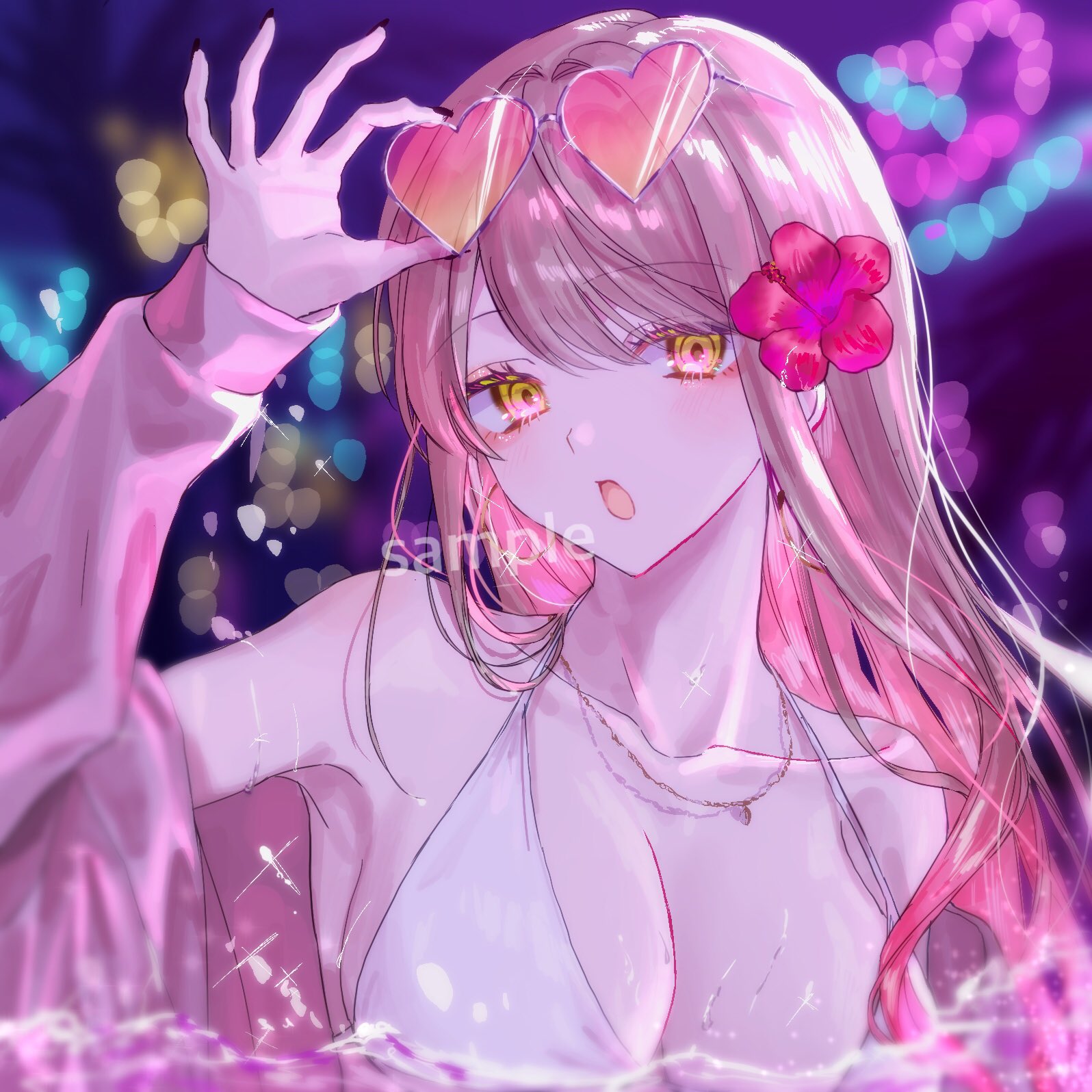 1girl :o adjusting_eyewear bare_shoulders bikini black_nails blurry blurry_background blush breasts chain chain_necklace cleavage collarbone commentary_request commission eyewear_on_head flower gradient-tinted_eyewear hair_between_eyes hair_flower hair_ornament highres huzurina_suruba in_water jacket jewelry large_breasts lightning_background long_hair looking_at_viewer necklace open_mouth original outdoors pink_hair pink_jacket portrait profile_picture sample_watermark solo sparkle swimsuit tinted_eyewear water watermark wet white_bikini yellow_eyes