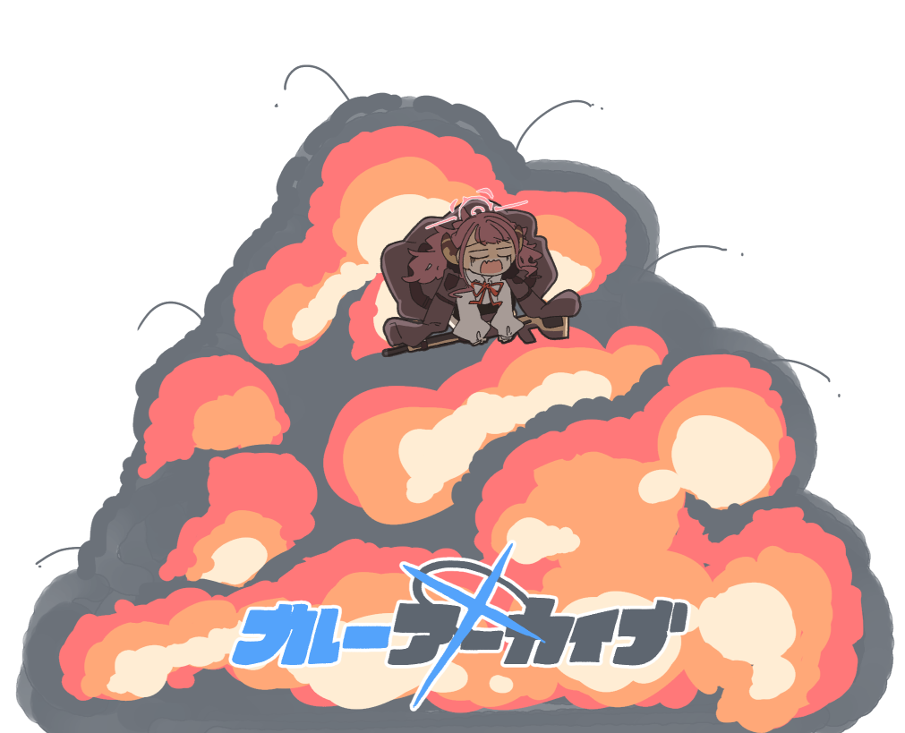 1girl aru_(blue_archive) blank_eyes blue_archive brown_coat coat coat_on_shoulders collared_shirt commentary_request demon_horns explosion explosion_gag gloom_(expression) gun holding holding_gun holding_weapon horns long_hair long_sleeves midair neck_ribbon open_mouth pre-gingin puffy_long_sleeves puffy_sleeves raised_eyebrows red_hair red_ribbon ribbon rifle shirt sidelocks solo translation_request wavy_mouth weapon white_background white_shirt wide_shot