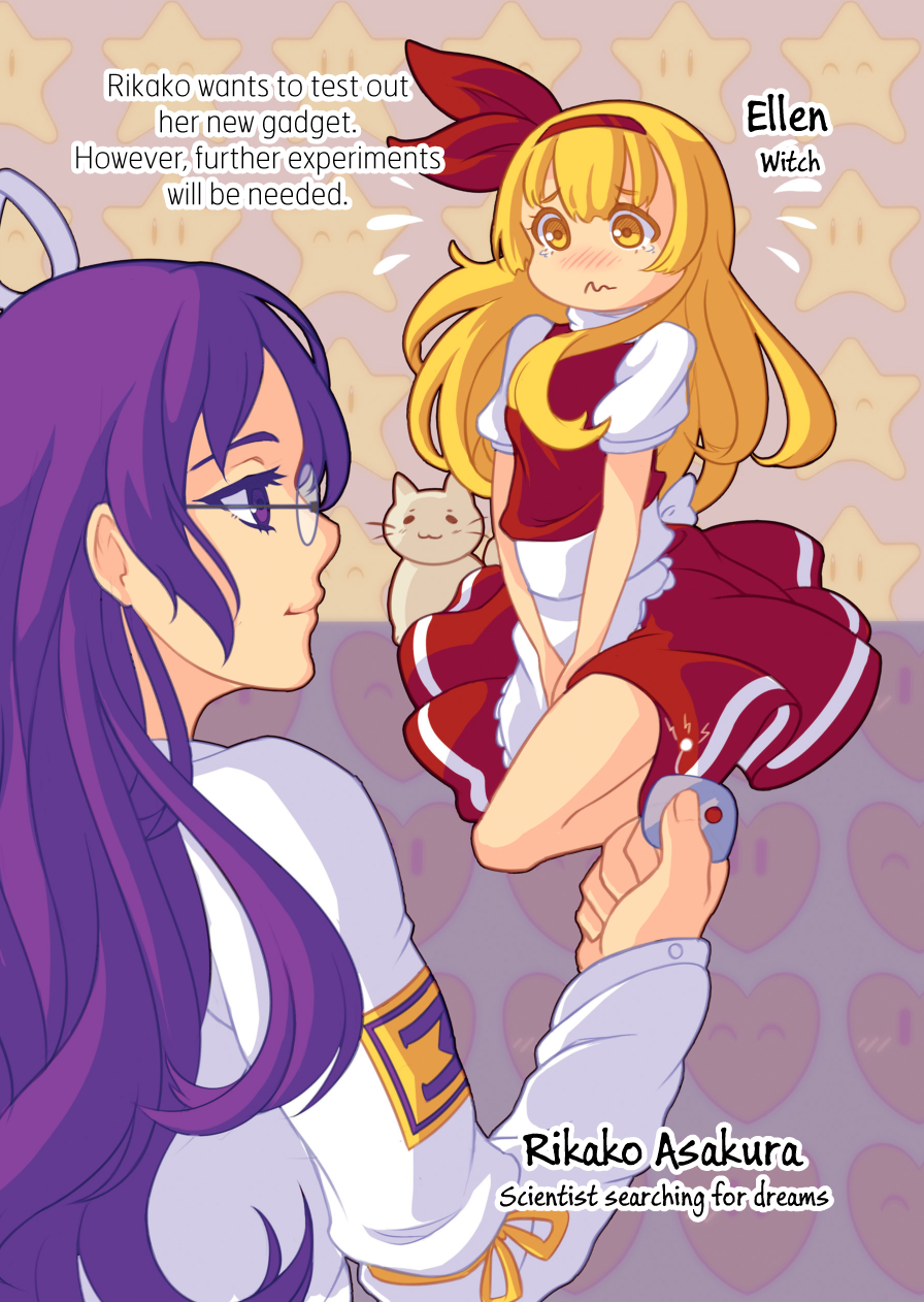 2girls apron asakura_rikako bad_id bad_pixiv_id blonde_hair blush cat ellen_(touhou) english_text frills glasses hair_ribbon hands_on_own_crotch highres jellypon lab_coat multiple_girls purple_eyes purple_hair red_skirt red_vest remote_control_vibrator ribbon sex_toy shirt skirt sokrates_(touhou) touhou touhou_(pc-98) vest vibrator vibrator_under_clothes white_apron white_cat white_shirt yellow_eyes yuri