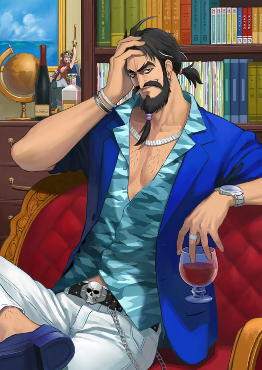 1boy aqua_shirt b_suke beard belt wallet_chain black_belt black_eyes black_facial_hair black_hair blazer blue_jacket bookshelf bracelet buttons chest_hair closed_mouth collarbone cowboy_shot cup drink drinking_glass edward_teach_(fate) edward_teach_(midsummer_gentleman)_(fate) facial_hair fate/grand_order fate_(series) figure figure_four_sitting francis_drake_(fate) full_beard globe hair_tie hand_on_own_head holding holding_cup indoors jacket jewelry lapels low_ponytail male_focus multiple_bracelets mustache notched_lapels official_art open_clothes open_jacket pants partially_unbuttoned pectorals ponytail ring shirt silver_necklace sitting sleeves_rolled_up smile solo third-party_source tied_beard watch white_pants wristwatch