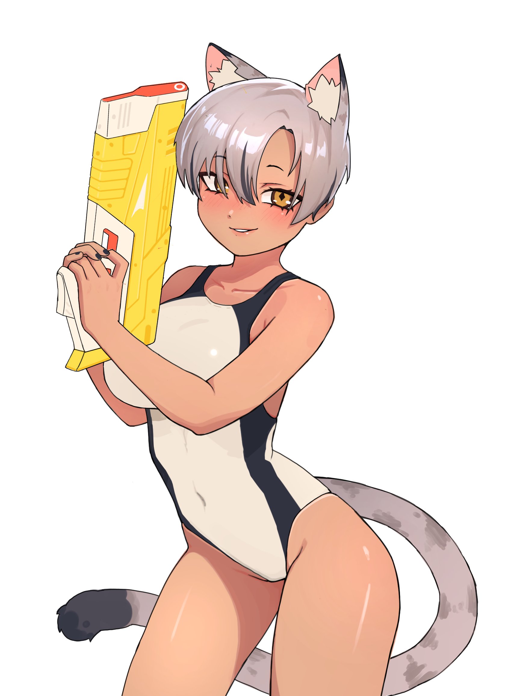 1girl animal_ear_fluff animal_ears bare_shoulders black_hair black_nails black_one-piece_swimsuit black_streaks black_tail blush borrowed_character breasts cat_ears cat_girl cat_tail collarbone commentary contrapposto covered_navel cowboy_shot curled_tail curtained_hair dark-skinned_female dark_skin dot_nose english_commentary extra_ears eyebrows_hidden_by_hair finger_on_trigger fingernails go!_go!_gris! grey_hair grey_tail grin groin hair_over_one_eye half-closed_eyes hands_up head_tilt highleg highleg_one-piece_swimsuit highres holding_toy_gun impossible_clothes impossible_swimsuit kara_(go!_go!_gris!) large_breasts leaning_forward legs_apart looking_at_viewer looking_to_the_side mehcember multicolored_hair narrowed_eyes nerf_gun one-piece_swimsuit one-piece_tan original own_hands_together parted_bangs parted_lips raised_eyebrows short_hair sidelocks simple_background slit_pupils smile solo spotted_tail streaked_hair swimsuit tail tan tanline tanline_peek teeth thighs tsurime two-tone_hair two-tone_one-piece_swimsuit two-tone_tail white_background white_one-piece_swimsuit yellow_eyes