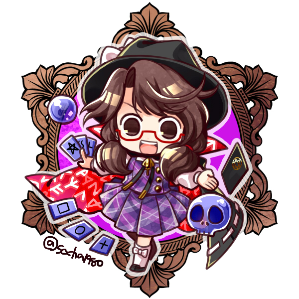 1girl black_footwear black_hat bolo_tie bow brown_eyes brown_hair buttons cape capelet chibi circle cloak fedora full_body glasses hat hat_bow low_twintails medium_hair occult_ball open_mouth pentagram plaid_clothes plaid_vest purple_vest red-framed_eyewear runes skull smile socha solo square touhou twintails twitter_username usami_sumireko vest white_bow white_legwear zener_card